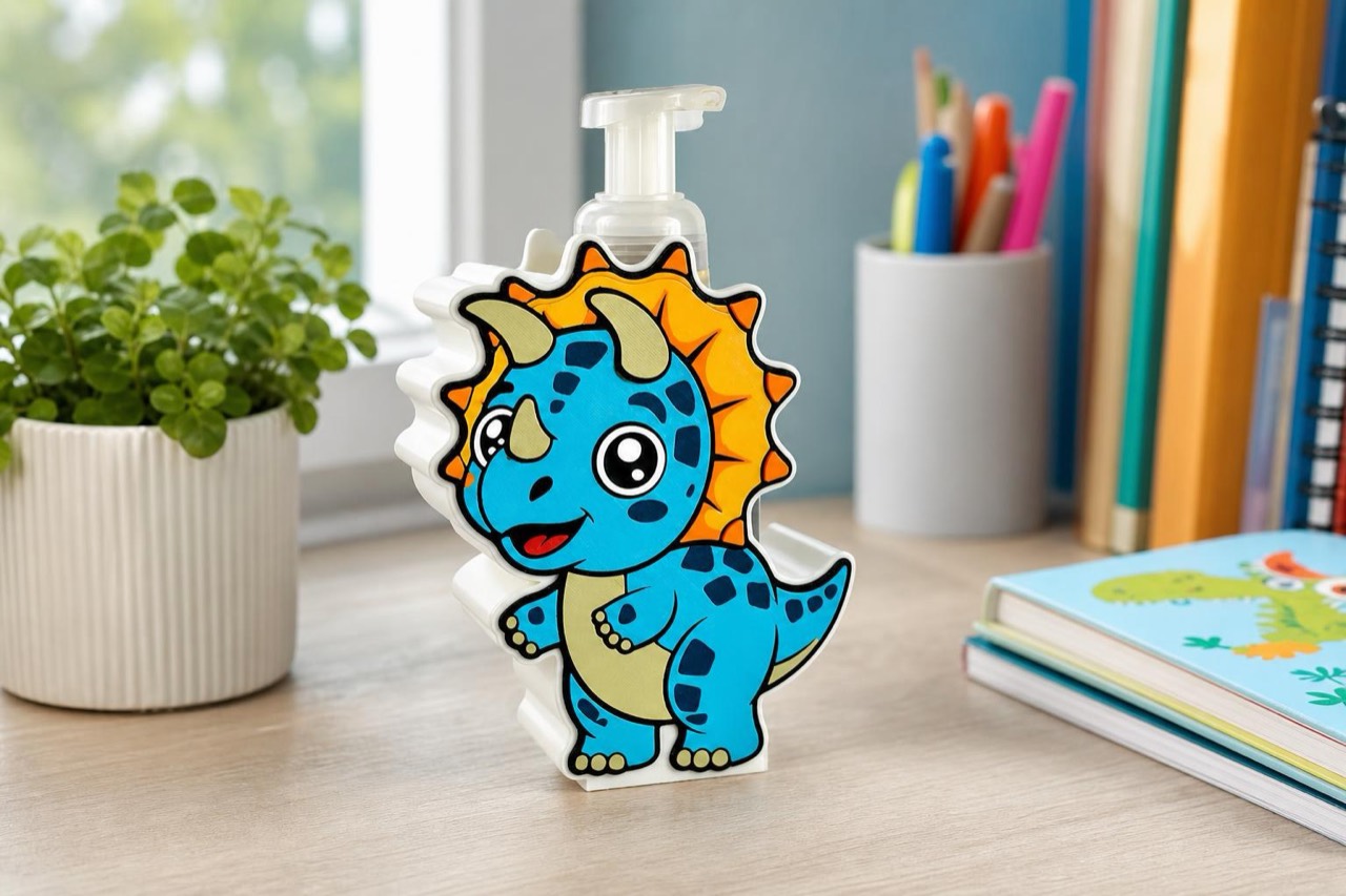 A dinosaur soap dispenser staged on a bright desk by MadeMetric Listing Studio